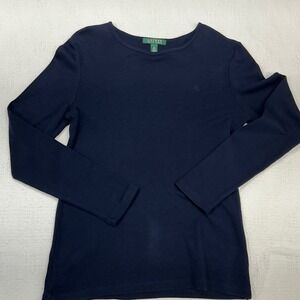 Lauren Ralph Lauren Womens Navy Blue Ribbed Long Sleeve Scoop Neck Top Size M